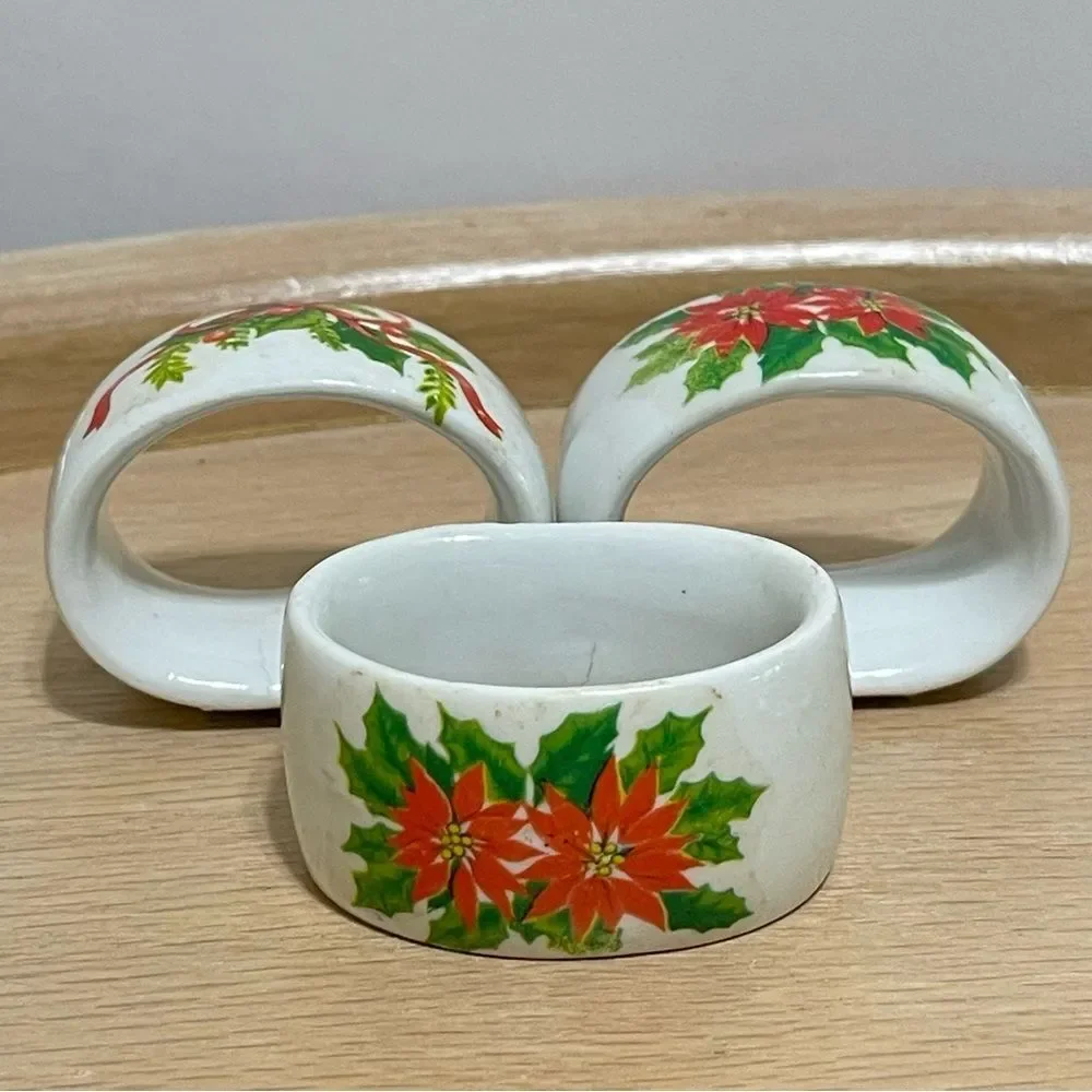 Porcelain Poinsettia & Holly Christmas Napkin Rings Festive Holiday Design 3 Set